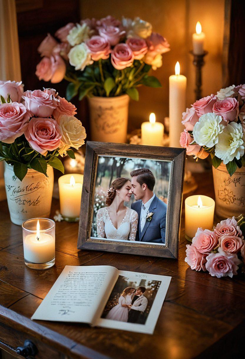 A beautifully set rustic table adorned with photographs capturing precious moments of a couple, surrounded by blooming flowers and soft candlelight. In the background, hand-written heartfelt quotes float in the air, creating an atmosphere of warmth and love. The scene evokes a sense of nostalgia and connection, inviting viewers to feel the depth of affection. soft-focus, romantic ambiance, warm colors, ethereal glow.