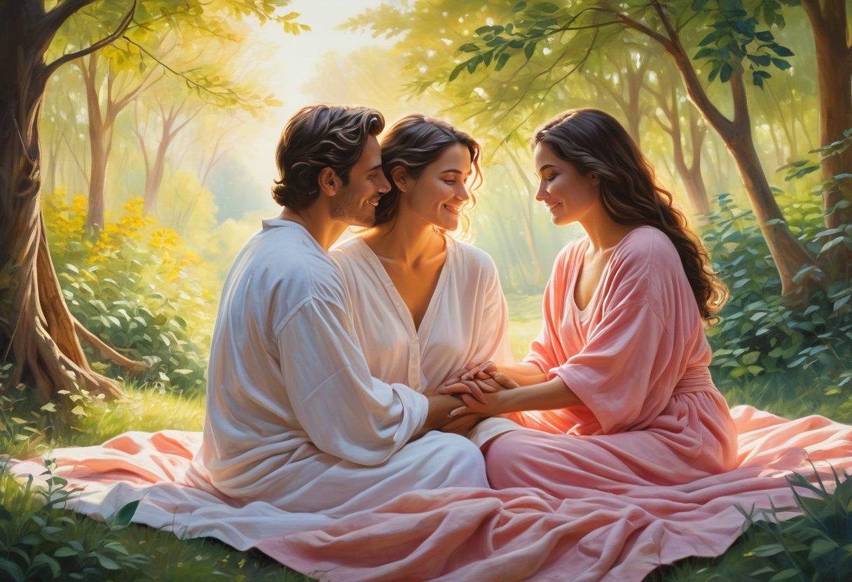 A warm and inviting scene depicting a couple sharing a heartfelt moment, surrounded by lush nature, highlighting deep emotional connection. They are smiling and holding hands while seated on a cozy blanket, with soft sunlight filtering through trees, symbolizing enduring love. Include symbols of bonding like intertwined hands and a heart in the background. painting. vibrant colors. soft focus.