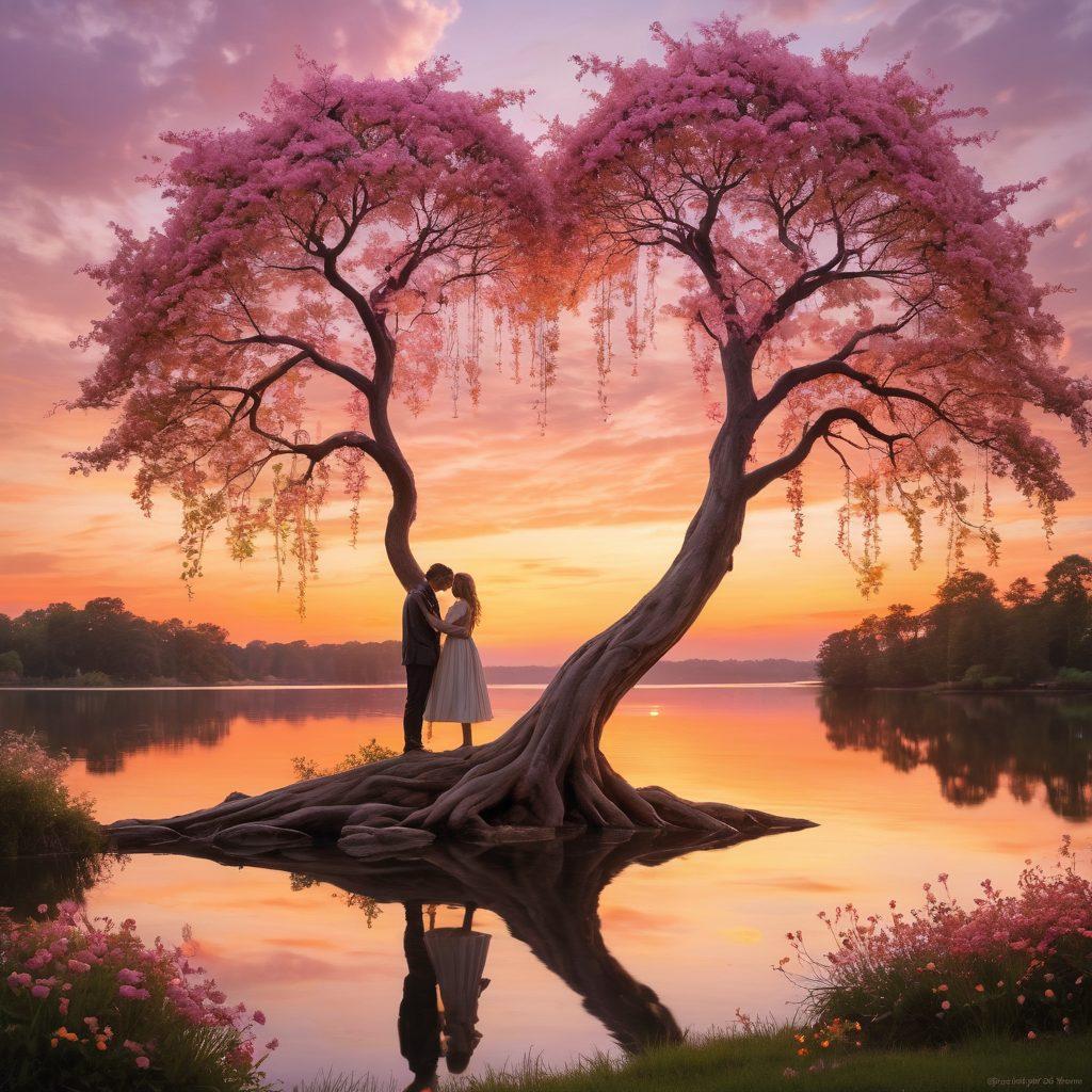 A serene romantic landscape featuring two intertwined trees symbolizing eternal love, with soft glowing hearts floating in the air. In the background, a sunset casts warm colors over a calm lake reflecting the beauty of the moment. Delicate flowers bloom around, representing cherished memories and connections. Whimsical fairy lights illuminate the scene, creating a magical atmosphere. dreamy art style. vibrant colors. soft focus.